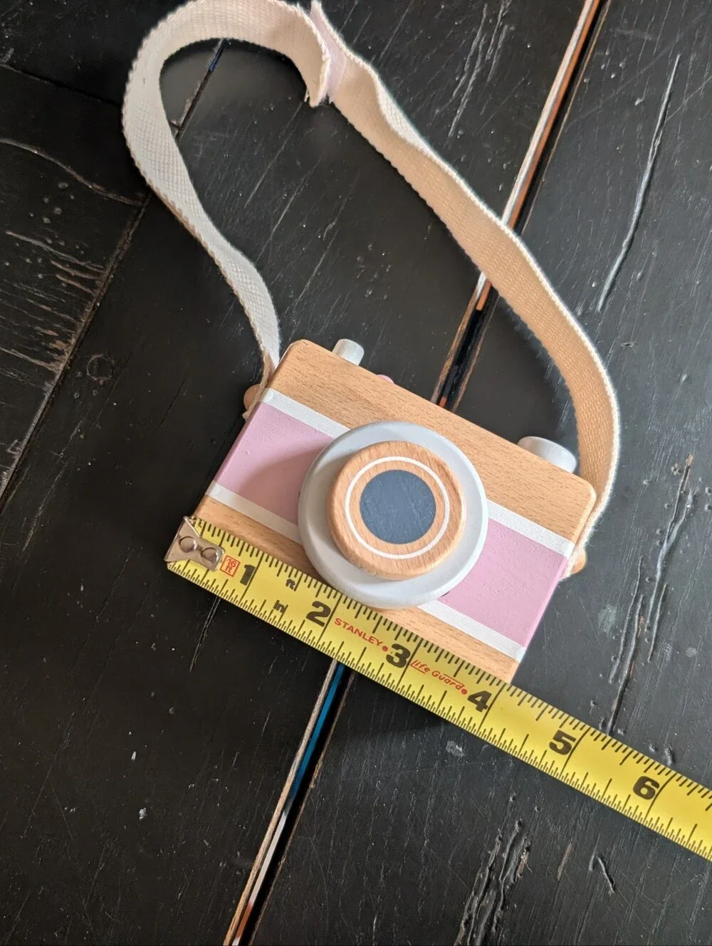 Wooden Toy Play Camera w/ Movable Lens and Gray Film Knob Velcro Strap